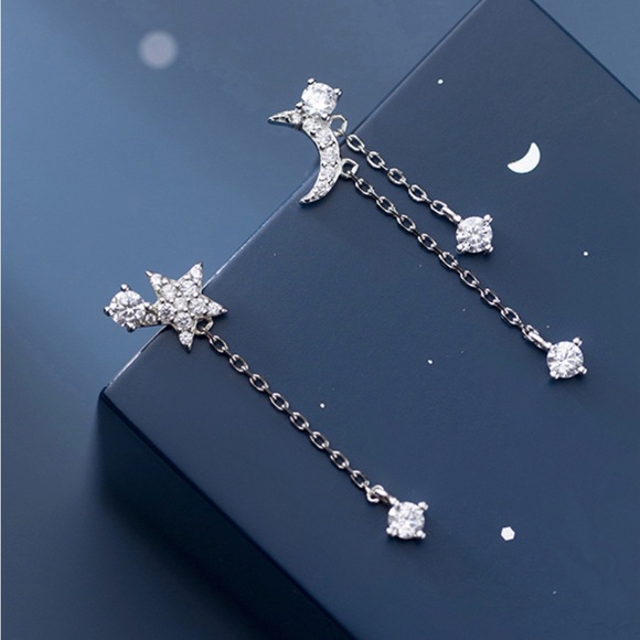 Asymmetry Moon Crescent Star Tassel Drop Stud Small Dangle Earrings - SS068 - Picture 3 of 8